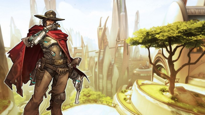 McCree from Overwatch in a futuristic city