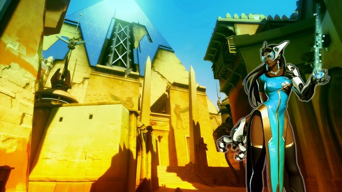 Symmetra from Overwatch in an Egyptian-themed map