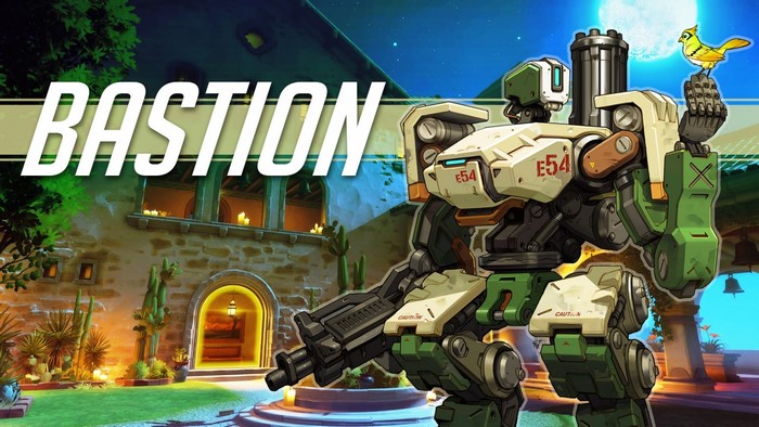 Bastion from Overwatch with a bird on his shoulder