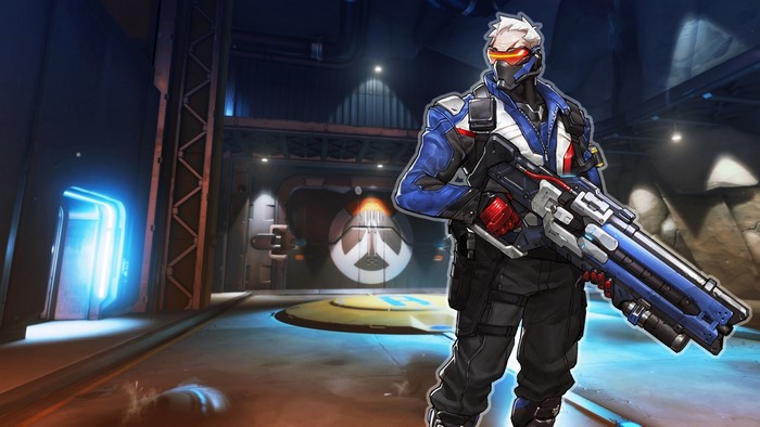 Soldier: 76 from Overwatch in a futuristic facility