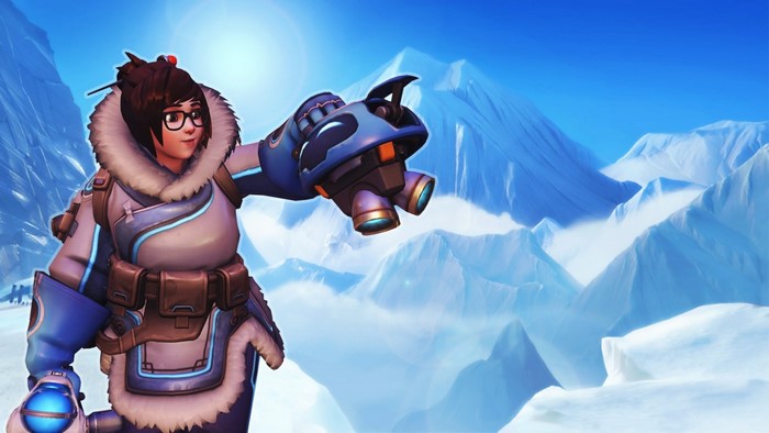 Mei from Overwatch in a snowy mountain landscape
