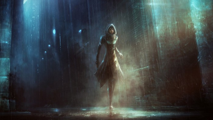 A hooded figure walks in the rain