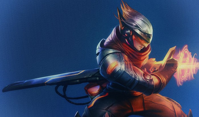 Yasuo from League of Legends with a rifle