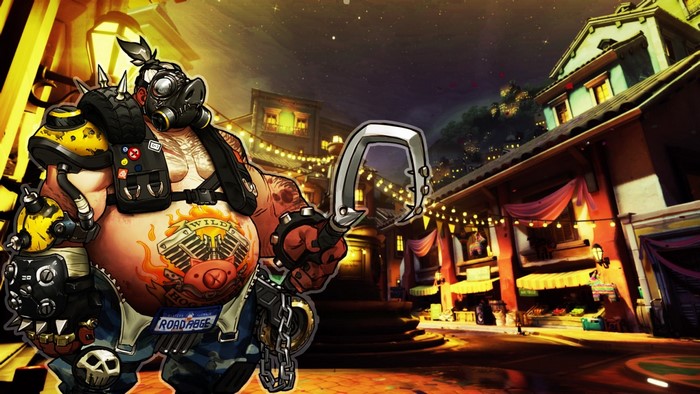 Roadhog from Overwatch in a street at night