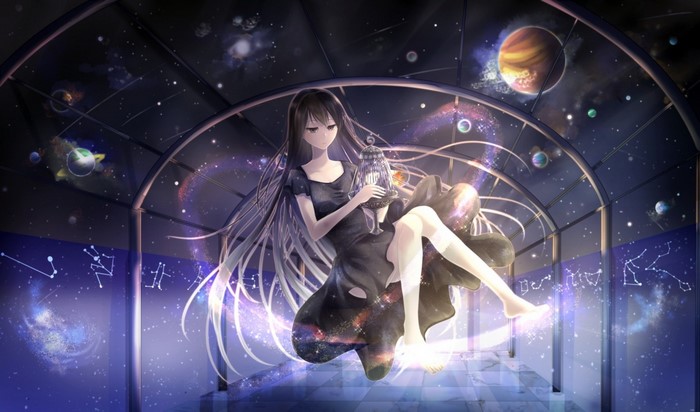 Anime girl in a dress holding a birdcage in space