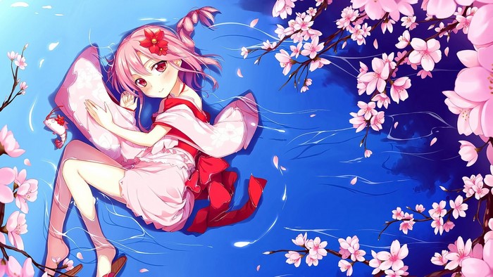 Anime girl with pink hair and cherry blossoms