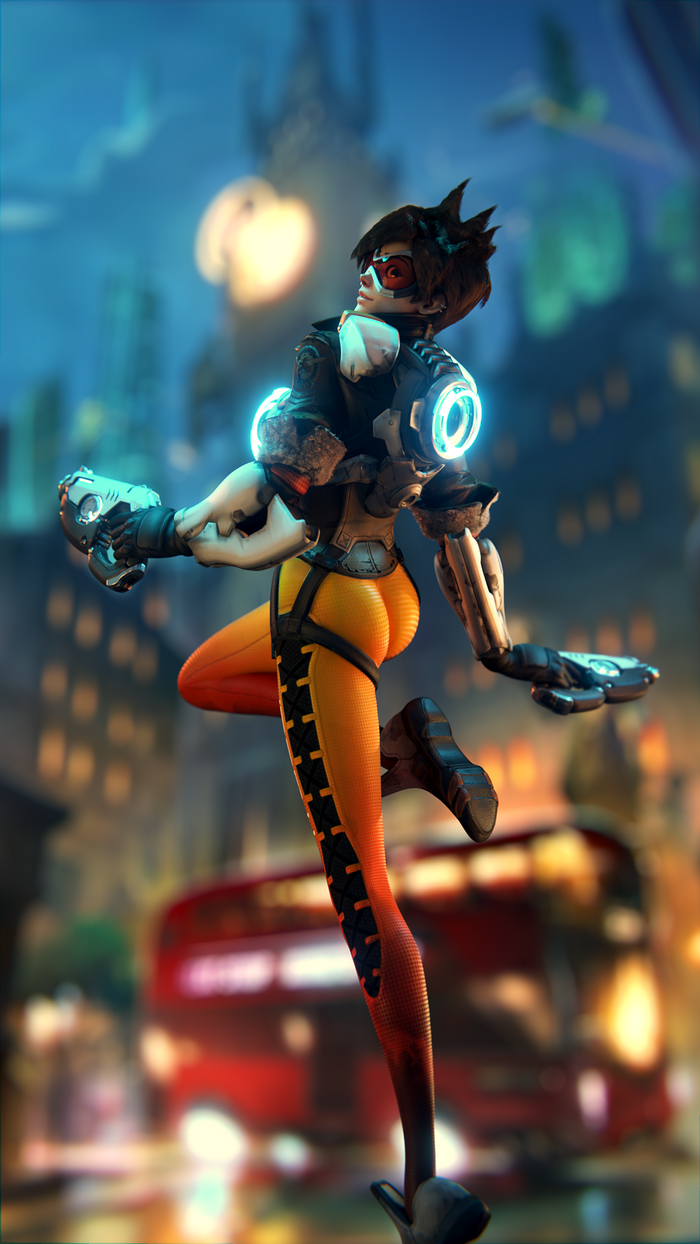 Tracer from Overwatch in a city at night