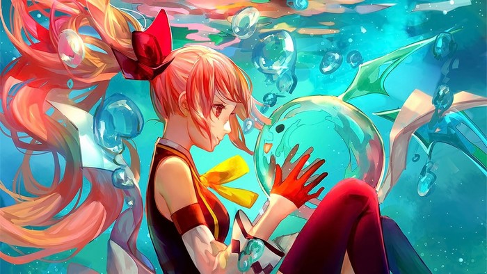 Anime girl with pink hair and red bow in water with bubbles