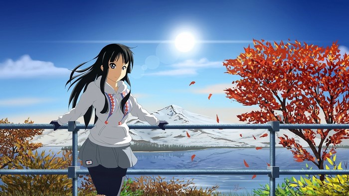 Akiyama Mio from K-On! by a lake with Mount Fuji