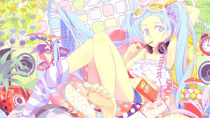 Hatsune Miku from Vocaloid with headphones and lollipop