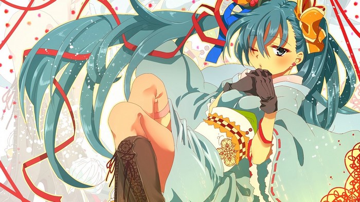 Anime girl with aqua hair in kimono