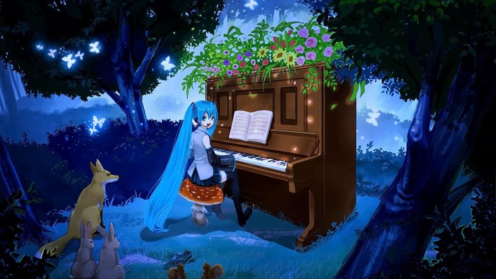 Hatsune Miku playing piano in a magical forest with animals