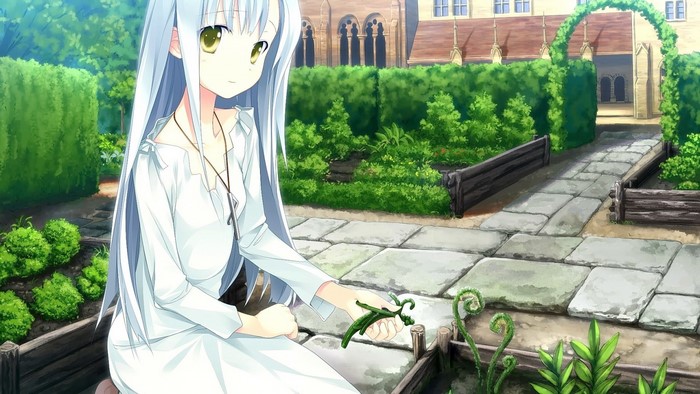 Anime girl with long white hair in a garden