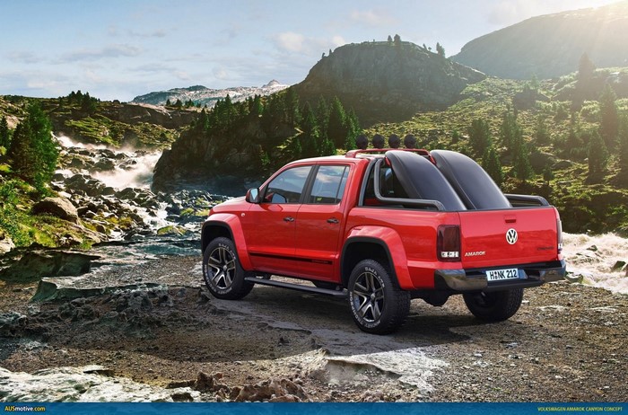 Red Volkswagen Amarok Canyon Concept pickup truck off-roading