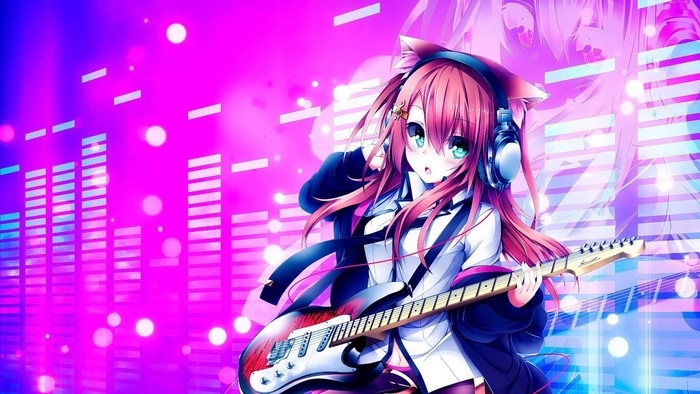 Anime girl with pink hair playing guitar