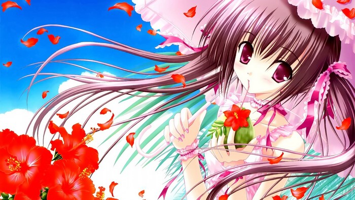 Anime girl with umbrella and flowers