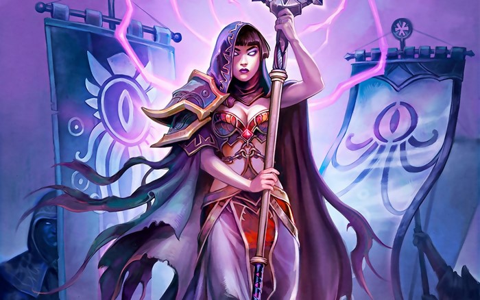 Woman with staff and banners from Hearthstone