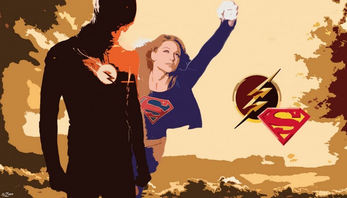 The Flash and Supergirl with logos