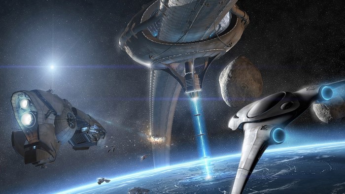 Spaceships near a space station above Earth