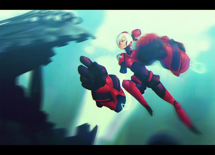 Anime character in red armor fighting