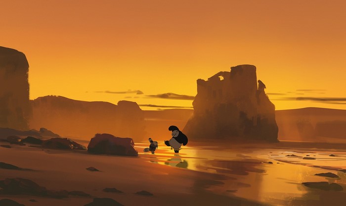Po and a small creature on a beach at sunset