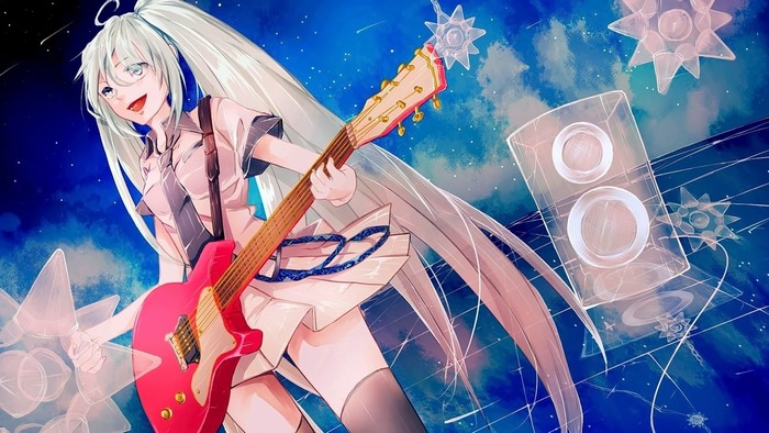 Hatsune Miku from Vocaloid playing a pink guitar