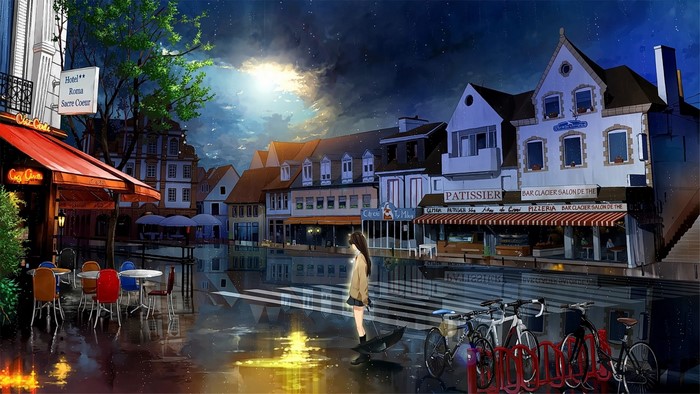 Anime girl with umbrella in rainy city at night