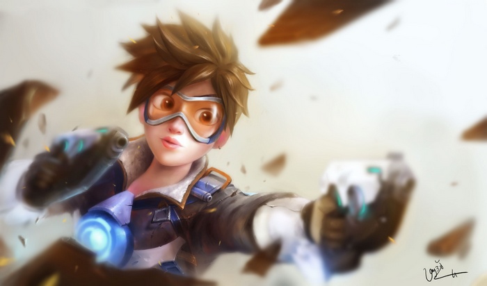 Tracer from Overwatch holding guns