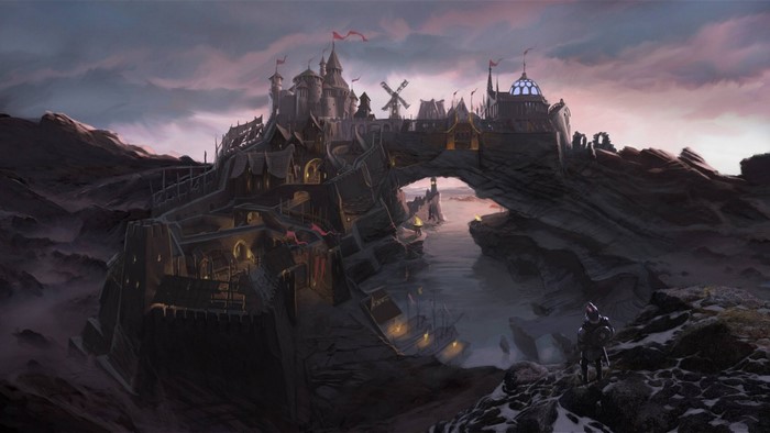 Fantasy castle city built on a rocky arch over water