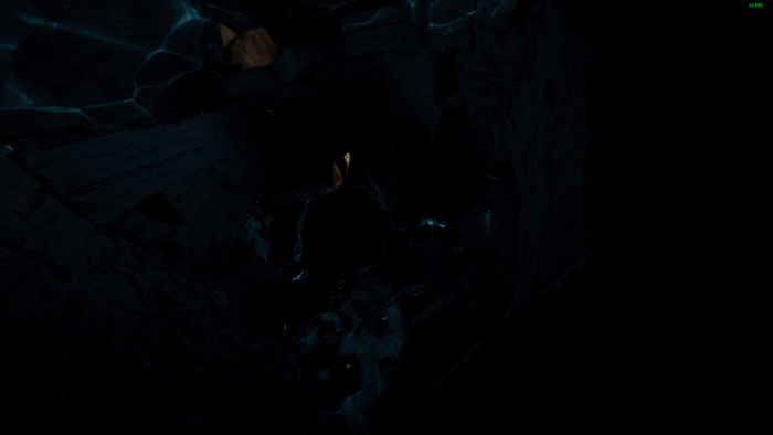 Screenshot from a dark cave with glowing water