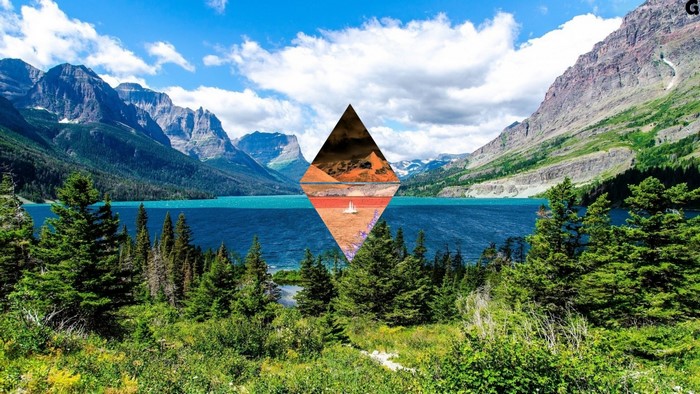 Diamond shape overlay on mountain lake landscape