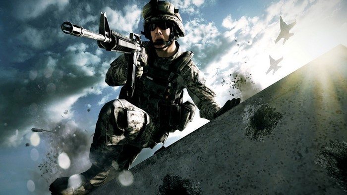 Soldier from Battlefield aiming a rifle with jets overhead