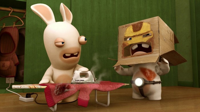 Rabbids ironing clothes and wearing a cardboard box helmet