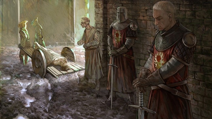 The Witcher characters with a body on a cart