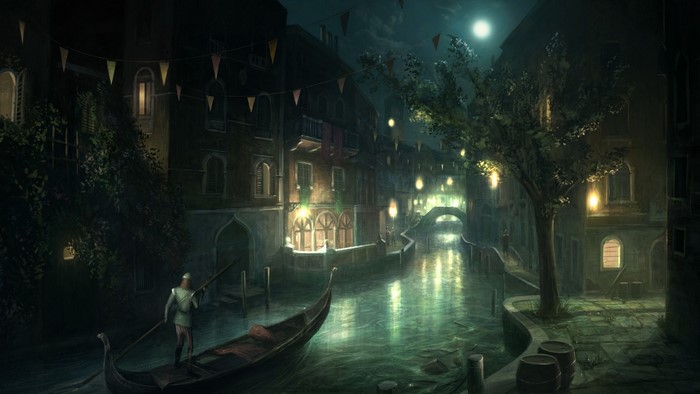 Venice canal at night with gondola and moon