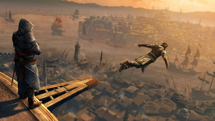 Ezio Auditore da Firenze from Assassin's Creed Revelations performing a leap of faith