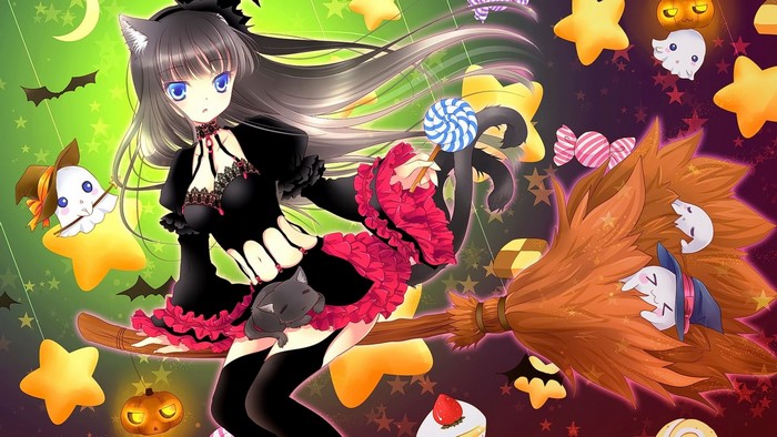 Anime cat girl witch flying on a broomstick with Halloween decorations