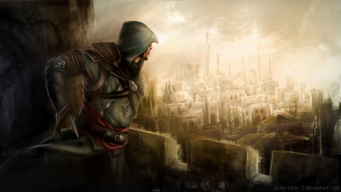 Ezio Auditore da Firenze from Assassin's Creed overlooking a city