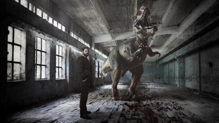 Man and Dinosaur in Abandoned Building