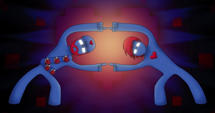 Pegboard Nerds characters pointing fingers at each other