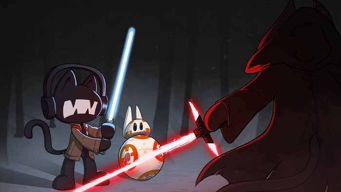 Cat character and BB-8 from Star Wars vs Kylo Ren