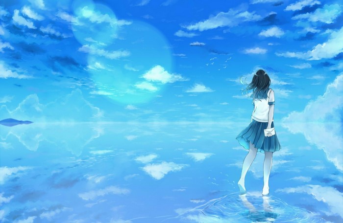 sunlight, sea, anime, anime girls, sky, clouds, blue, school uniform ...