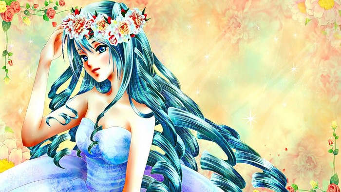 Anime girl with aqua hair and flower crown