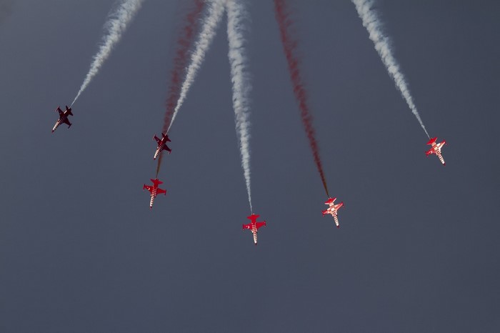 Turkish Stars jets performing aerobatics with smoke trails