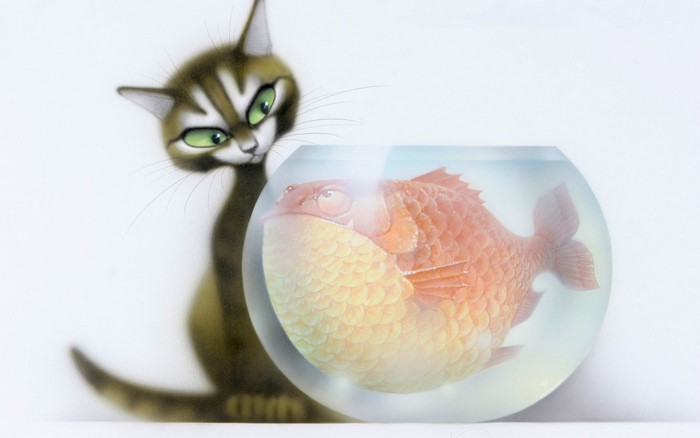 A cartoon cat stares at a goldfish in a bowl