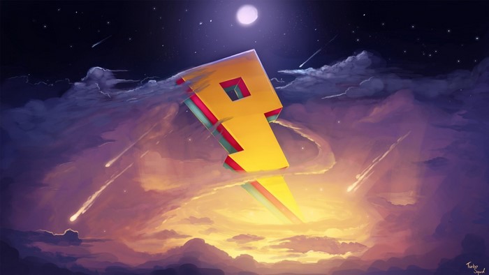 Yellow lightning bolt logo in a starry night sky with clouds and meteors