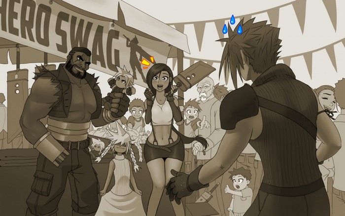 Barret, Tifa, and Cloud from Final Fantasy VII at a stall