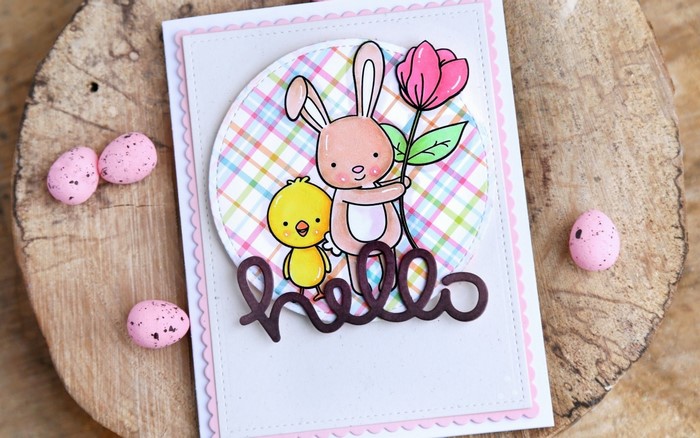 Easter card with bunny, chick, and flower