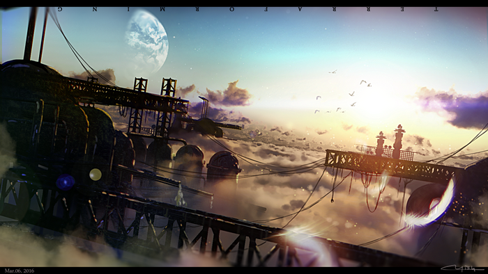 Fantasy industrial structures above clouds with planet in sky