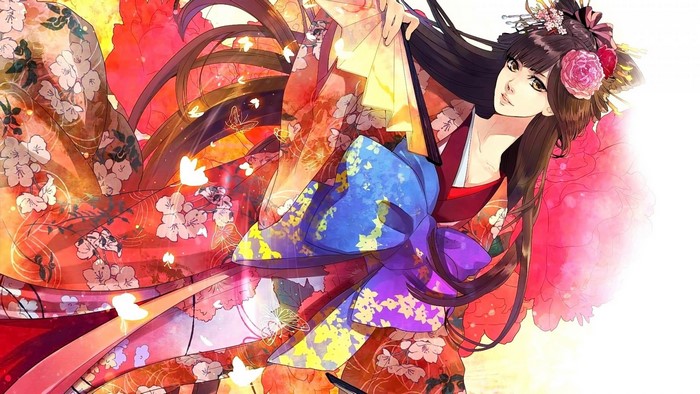 Anime girl in a colorful kimono with flowers and butterflies